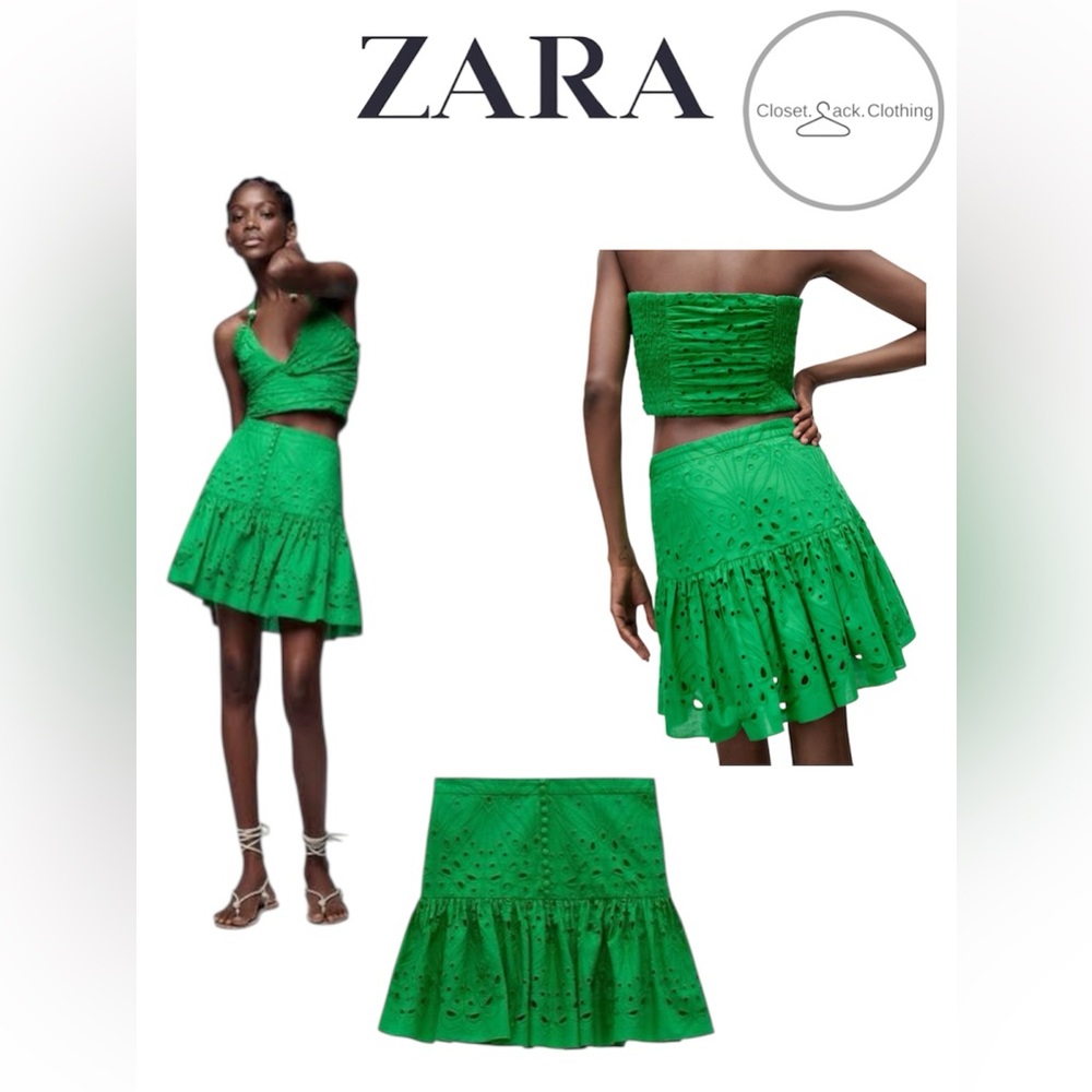 Zara Green Eyelet Tiered Mini Skirt